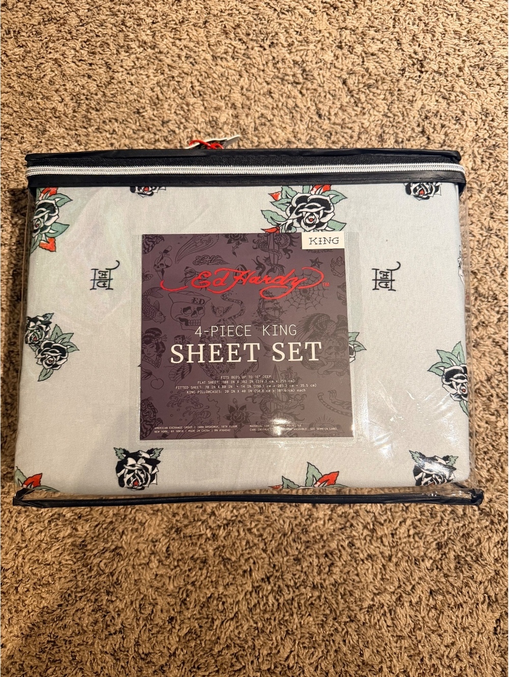 Ed Hardy King 4 Piece Sheet Set White Black Rose Tattoo NWT